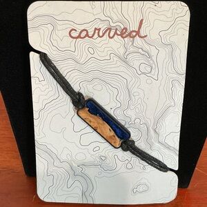 Carved Wood and Deep Blue Resin Bracelet with Adjustable Black Cord